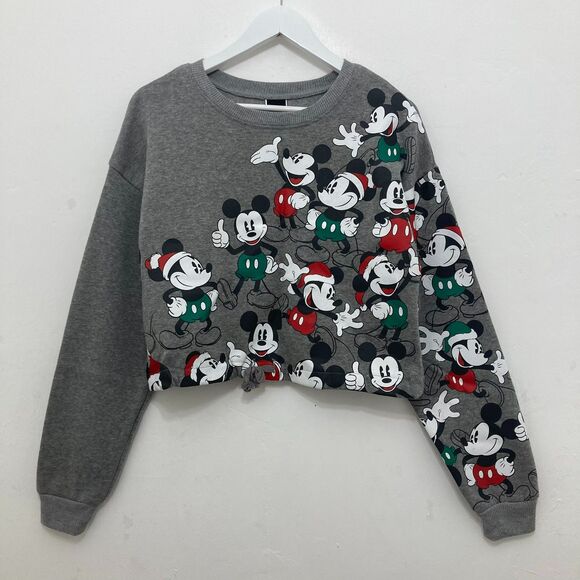 Disney Mickey Mouse Sweatshirt Women's XS Cropped Drawstring Gray - Picture 3 of 12